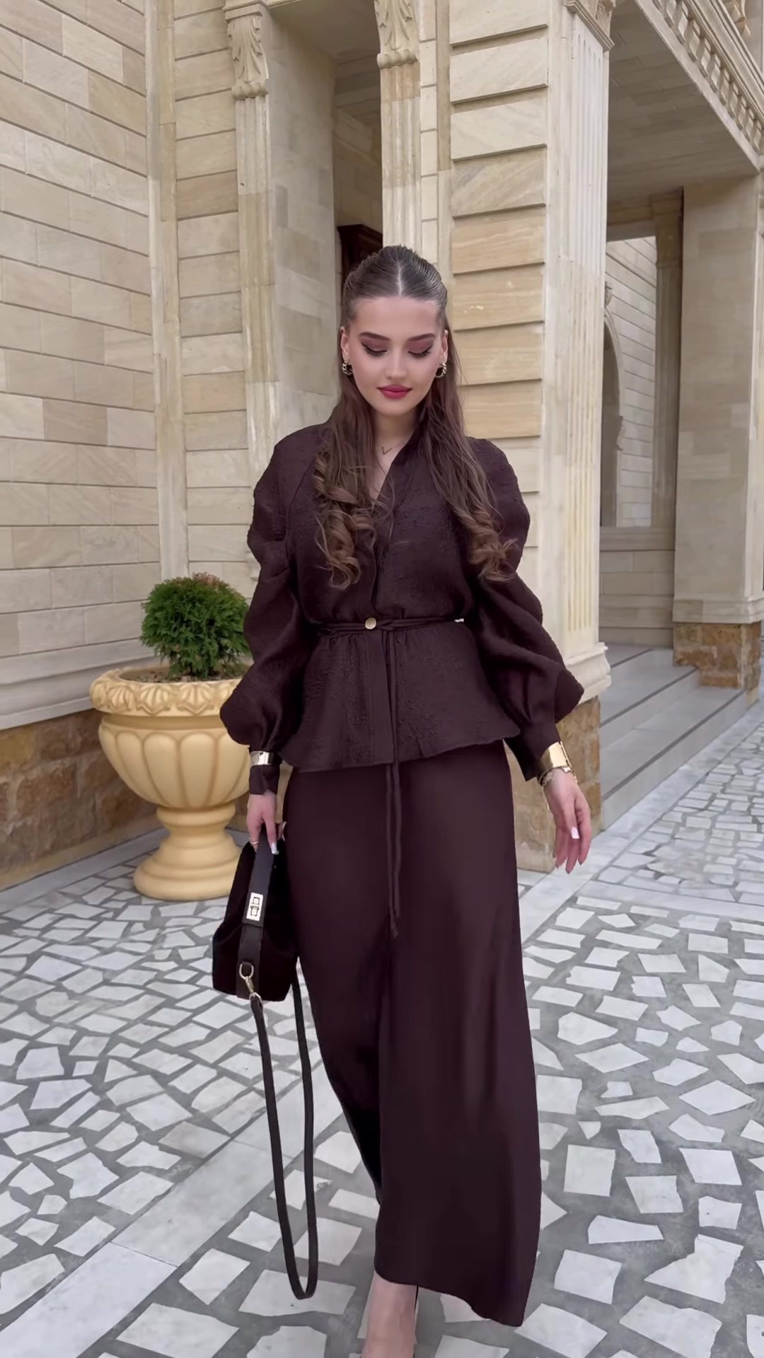 Women's elegant peplum top and maxi skirt — chocolate brown co-ord