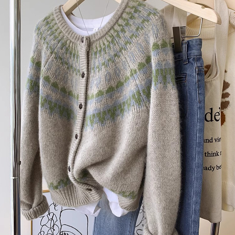 Raccoon Fur Fair Isle Christmas Knit Cardigan for Women, Spring and Autumn, Thickened Design, Unique