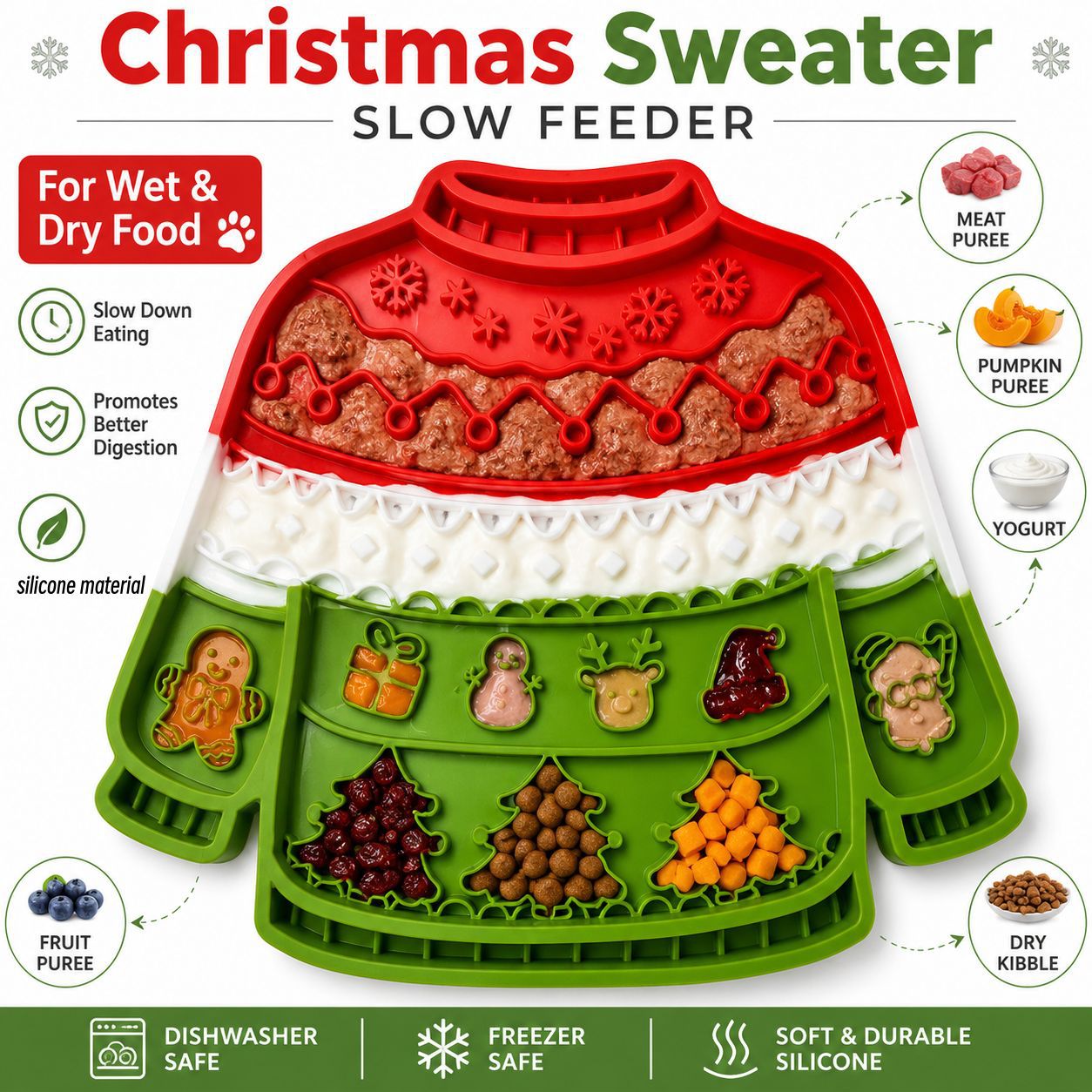 Christmas Pet Licking Mat with Silicone, Multi-Suction Cups, Non-Slip, Slow Feeding, Calming
