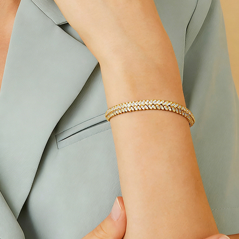 Fashion Chain Bracelet with Fishbone Zircon, Gold and Silver, Elegant Full Diamond Tennis Bracelet