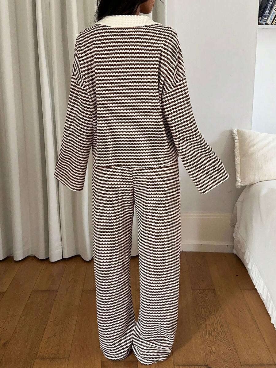 Brown striped matching set – side view showing wide leg pants silhouette