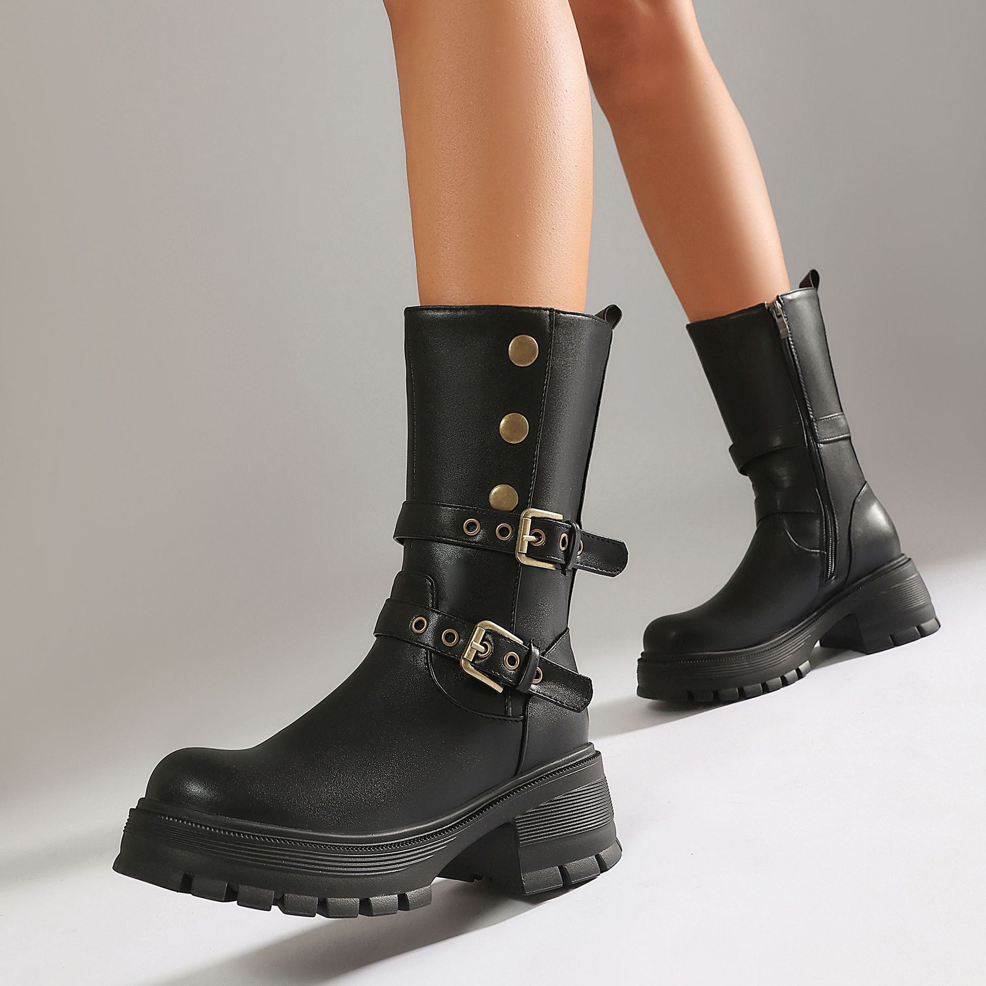 Women's punk moto boots in both colorways – black faux suede and black PU side by side comparison