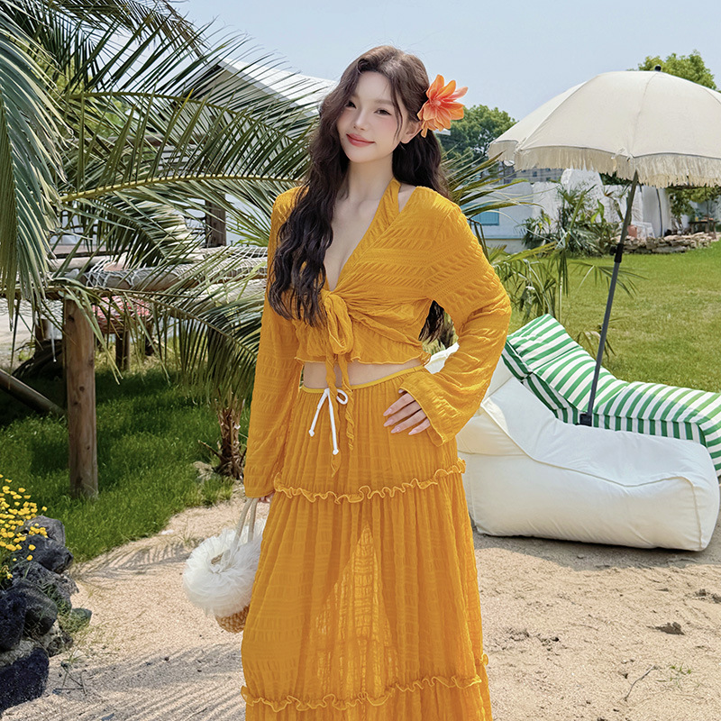 Big Size New Yellow Vacation Style Separated Swimwear Women Long Sleeve Four-Piece Set Slimming