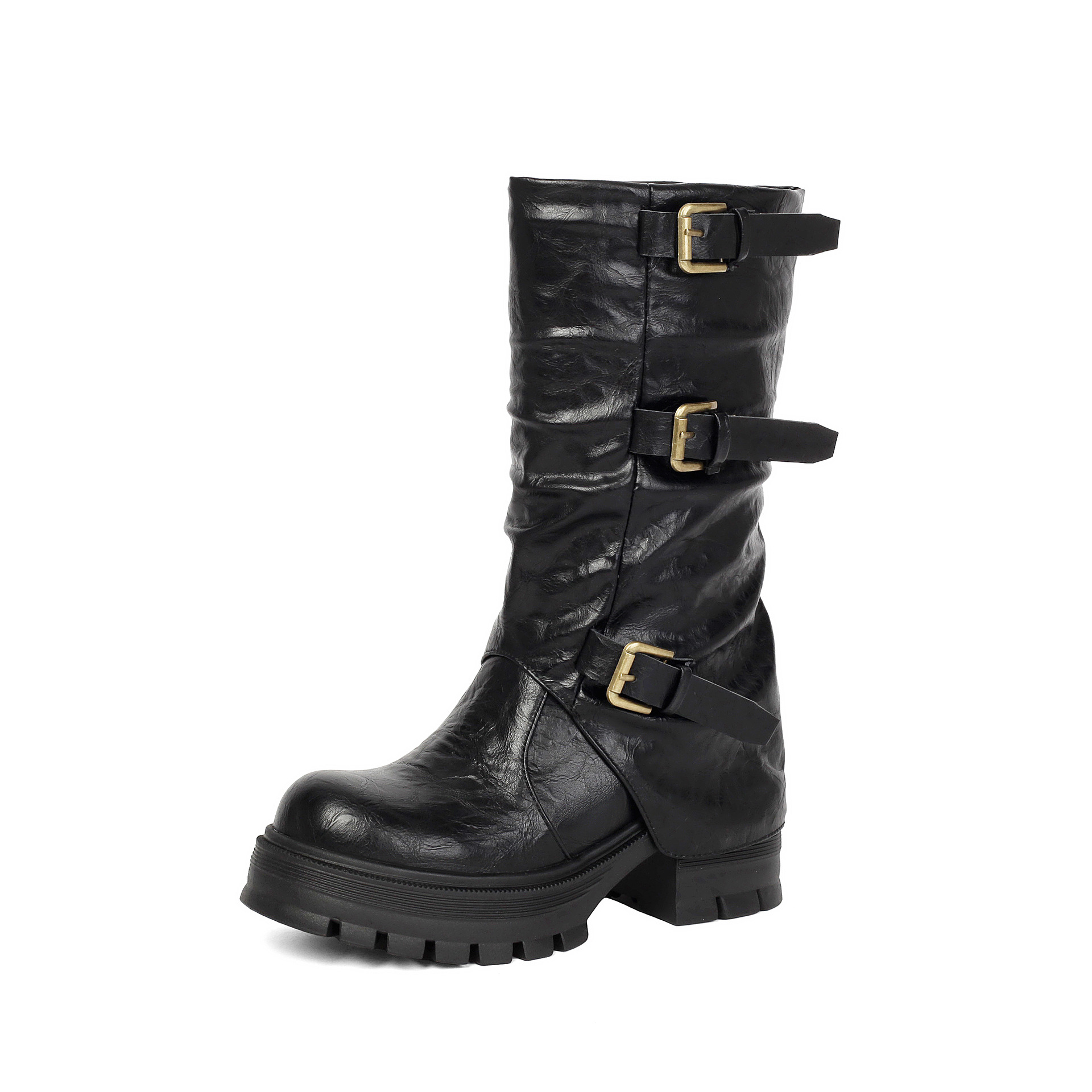 White triple buckle moto boots – lifestyle shot styled with outfit showing full boot silhouette