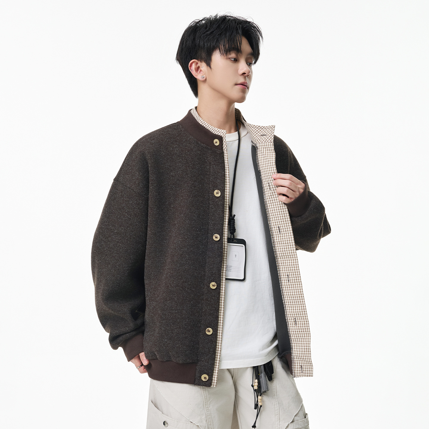 Texture woolen texture contrasting color grid pattern fake two-piece cardigan sweatshirt men's