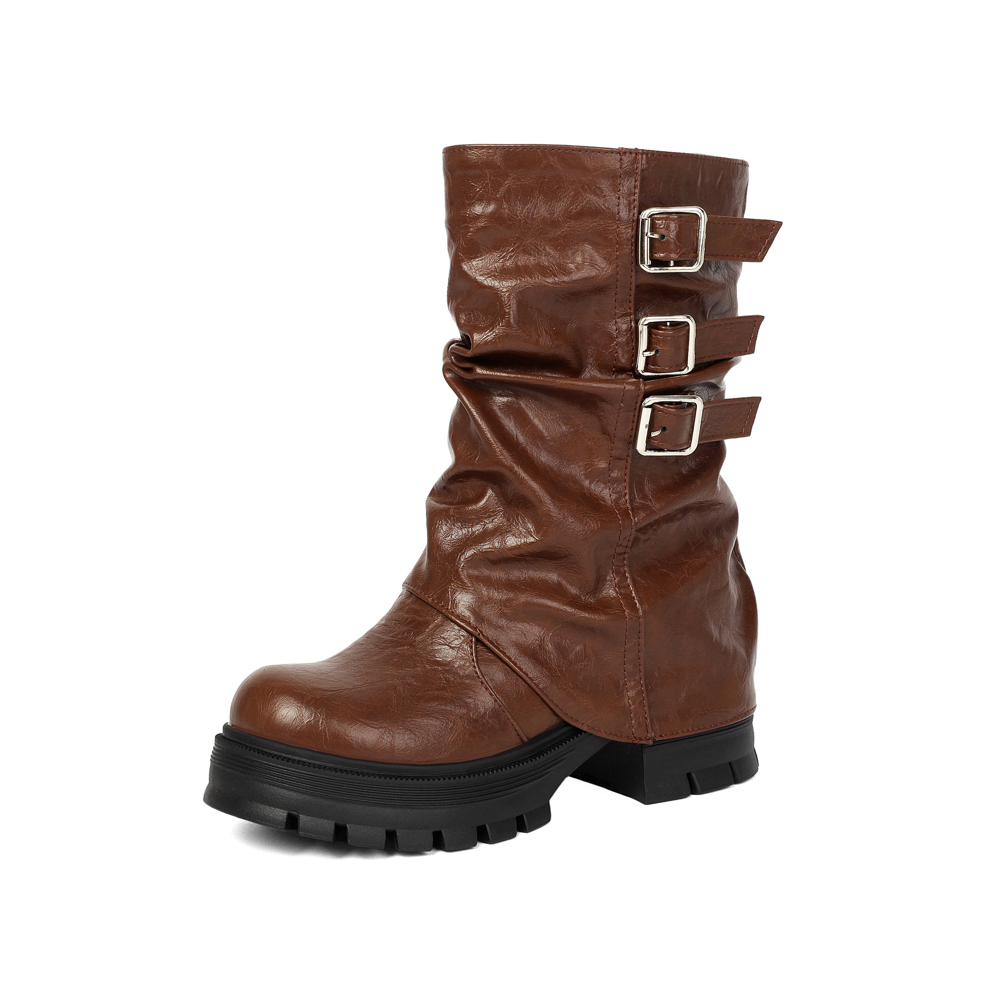 Brown triple buckle mid-calf boots – lifestyle shot styled with outfit showing full boot silhouette