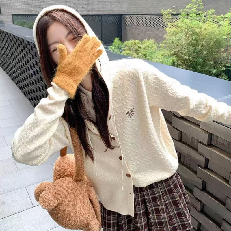 Lazy style embroidery Fried Dough Twists hooded knitting cardigan women