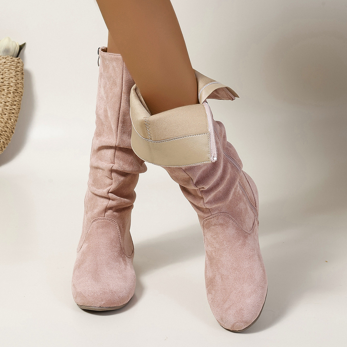 Women's dark khaki mid-calf boots flat heel