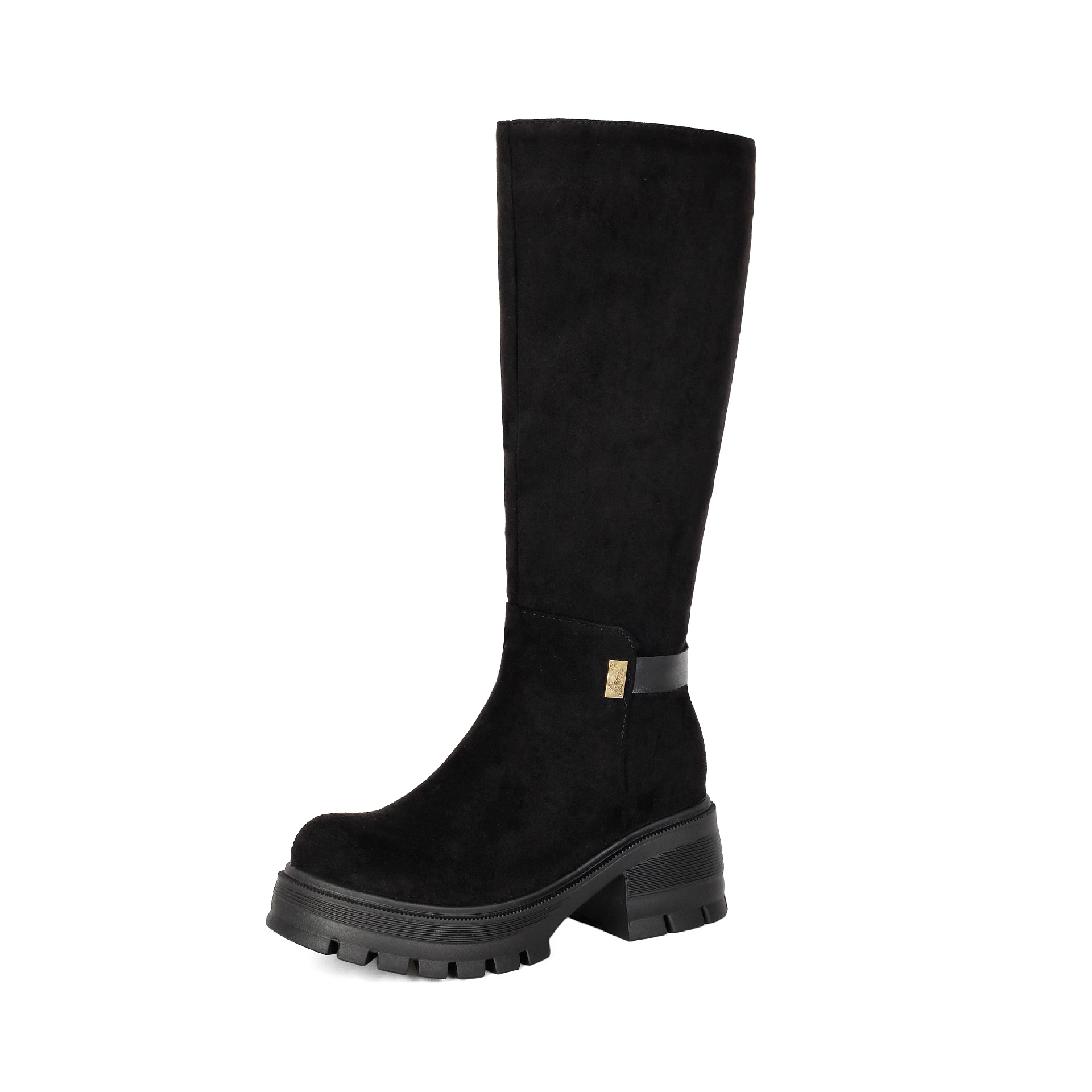 Black faux suede knee-high boots – close-up of gold hardware ankle detail and side zipper