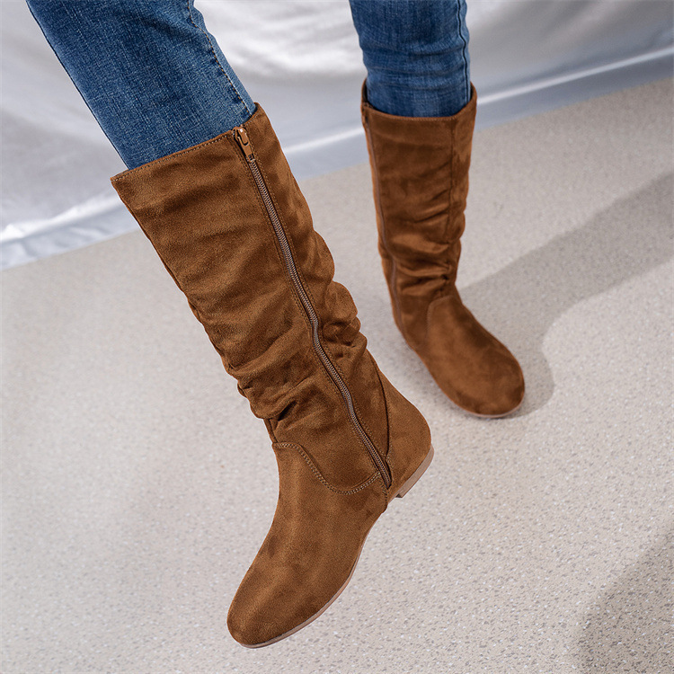 Women's mid-calf boots gray color – flat heel side zip