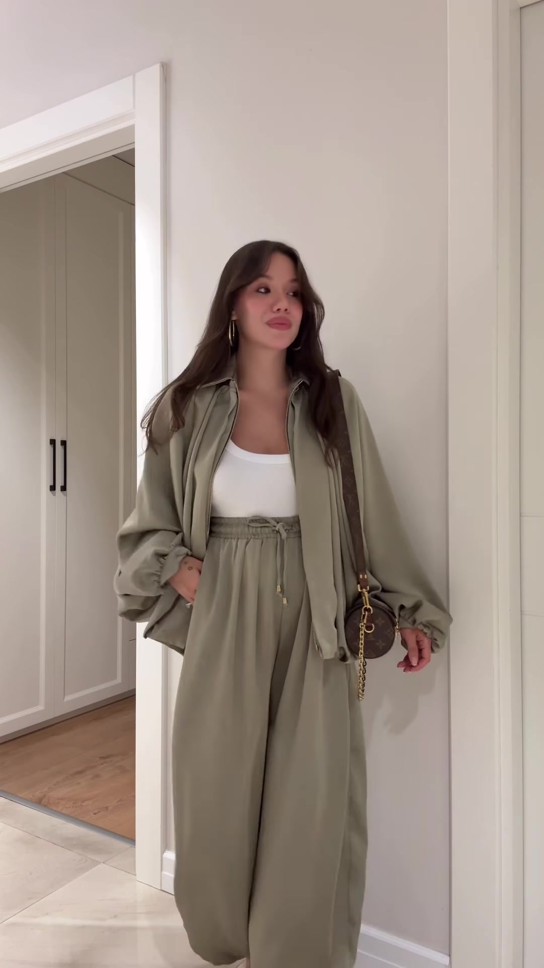 Flip collar jacket and pants set in chestnut – lifestyle photo casual leisure outfit