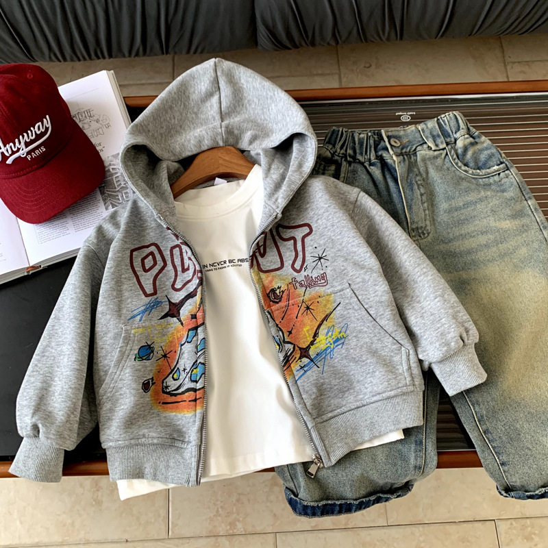 Casual printed hoodie cardigan children's top