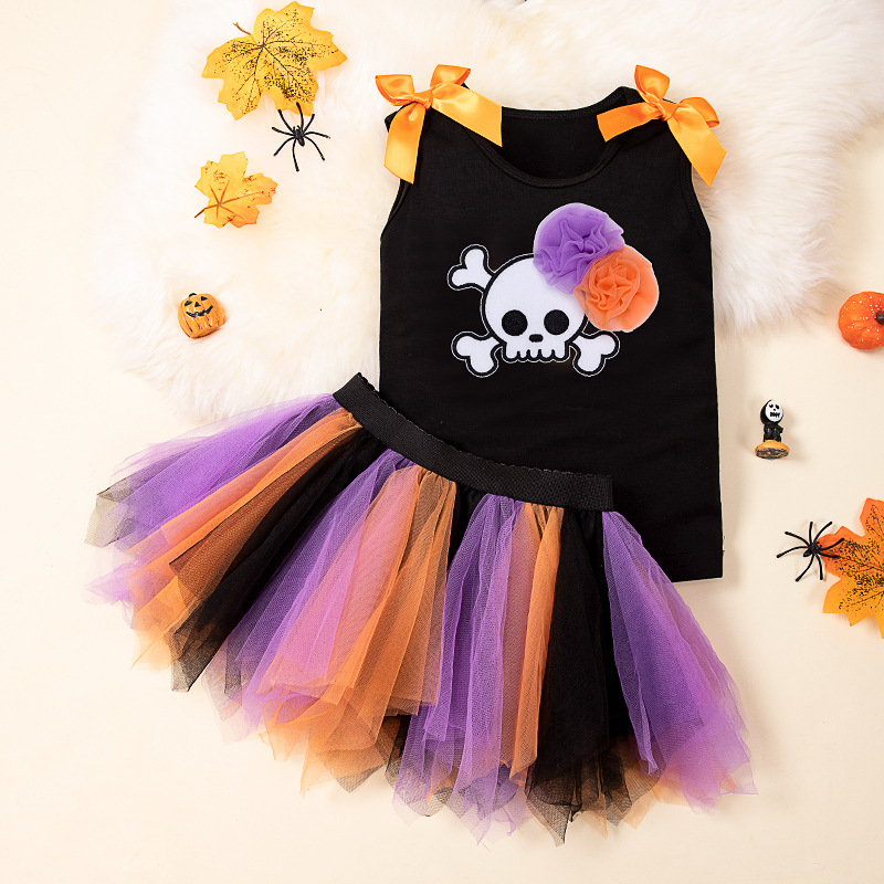 Halloween Kids Outfit 2-7 Years Girls Pumpkin Skull Vest T-Shirt & Cape Skirt Set