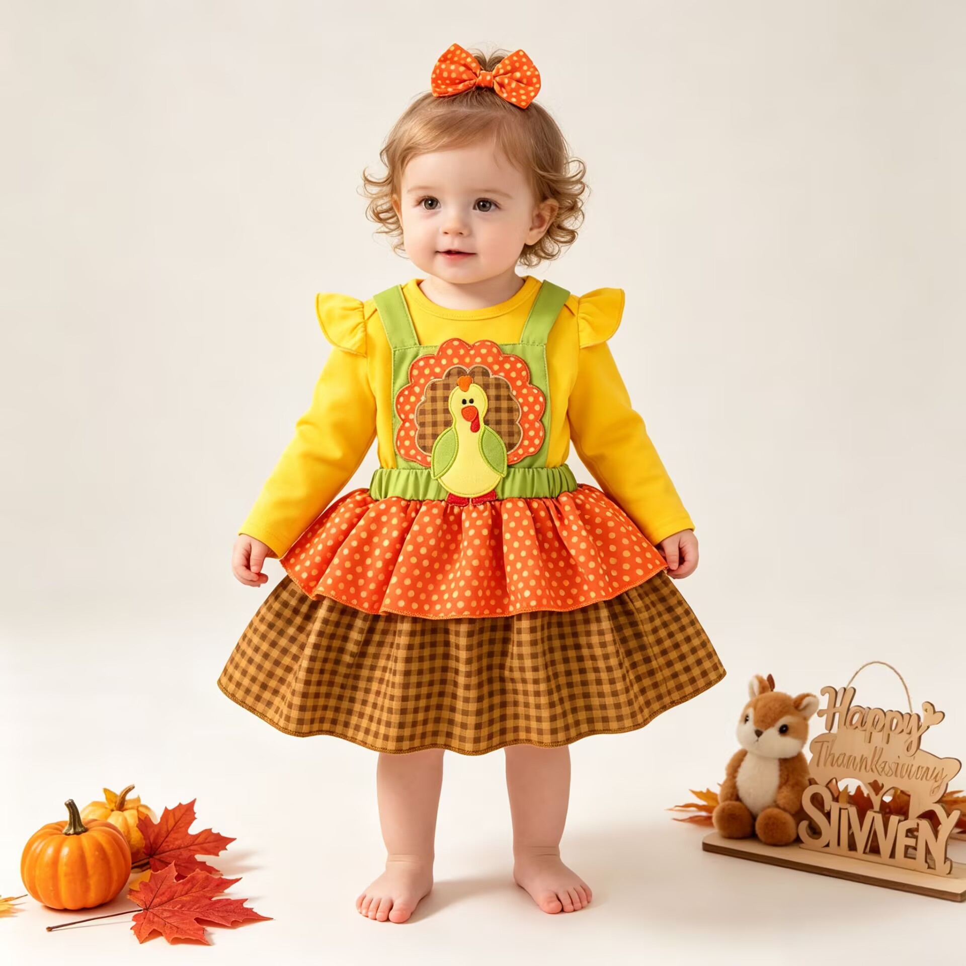 Girls' Holiday Outfit Set with Flutter Sleeve Romper Plaid Overalls Dress, Thanksgiving Children's