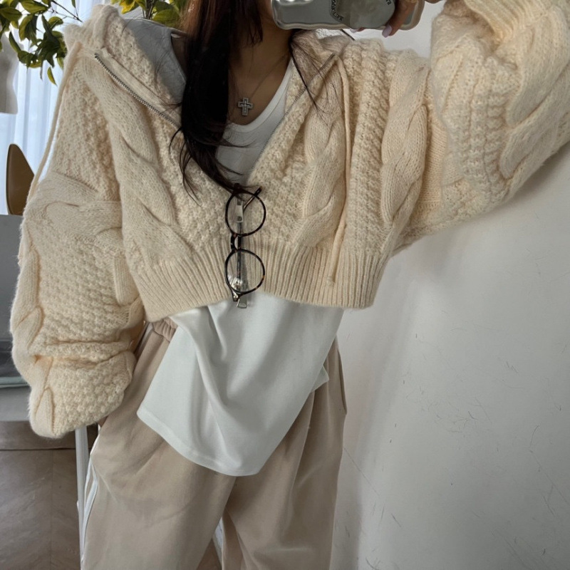 毛衣女2025秋冬季连帽拉链韩系宽松麻花慵懒风蝙蝠袖短款针织