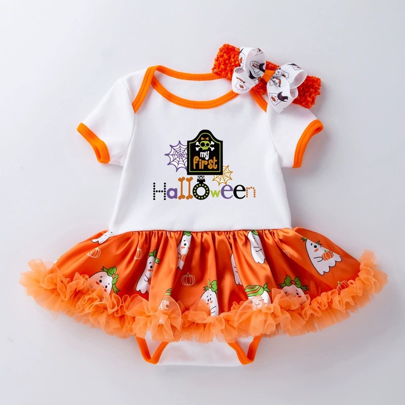 Halloween Baby Party Outfit Printed Pumpkin Short Sleeve Romper Dress with Hair Accessories 2-Piece