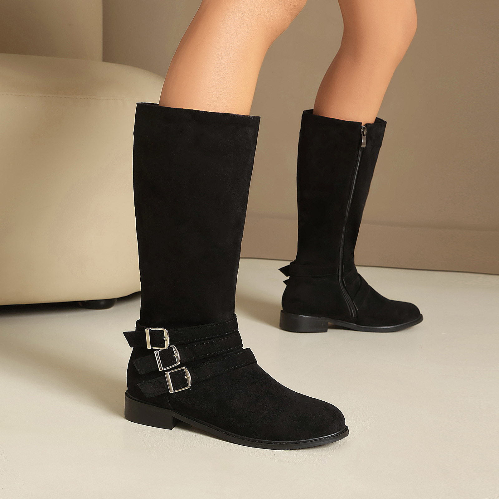 Leather Belt Buckle Suede High-Cut Casual Low-Heel Motorcycle Boots for Men Made to order, ships in