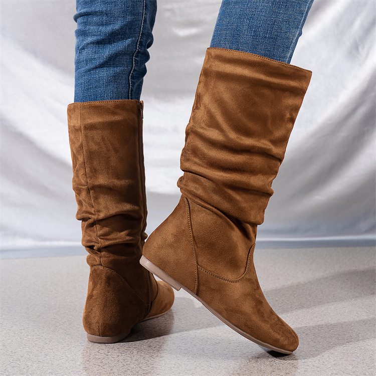 Women's pink suede boots mid-calf flat heel