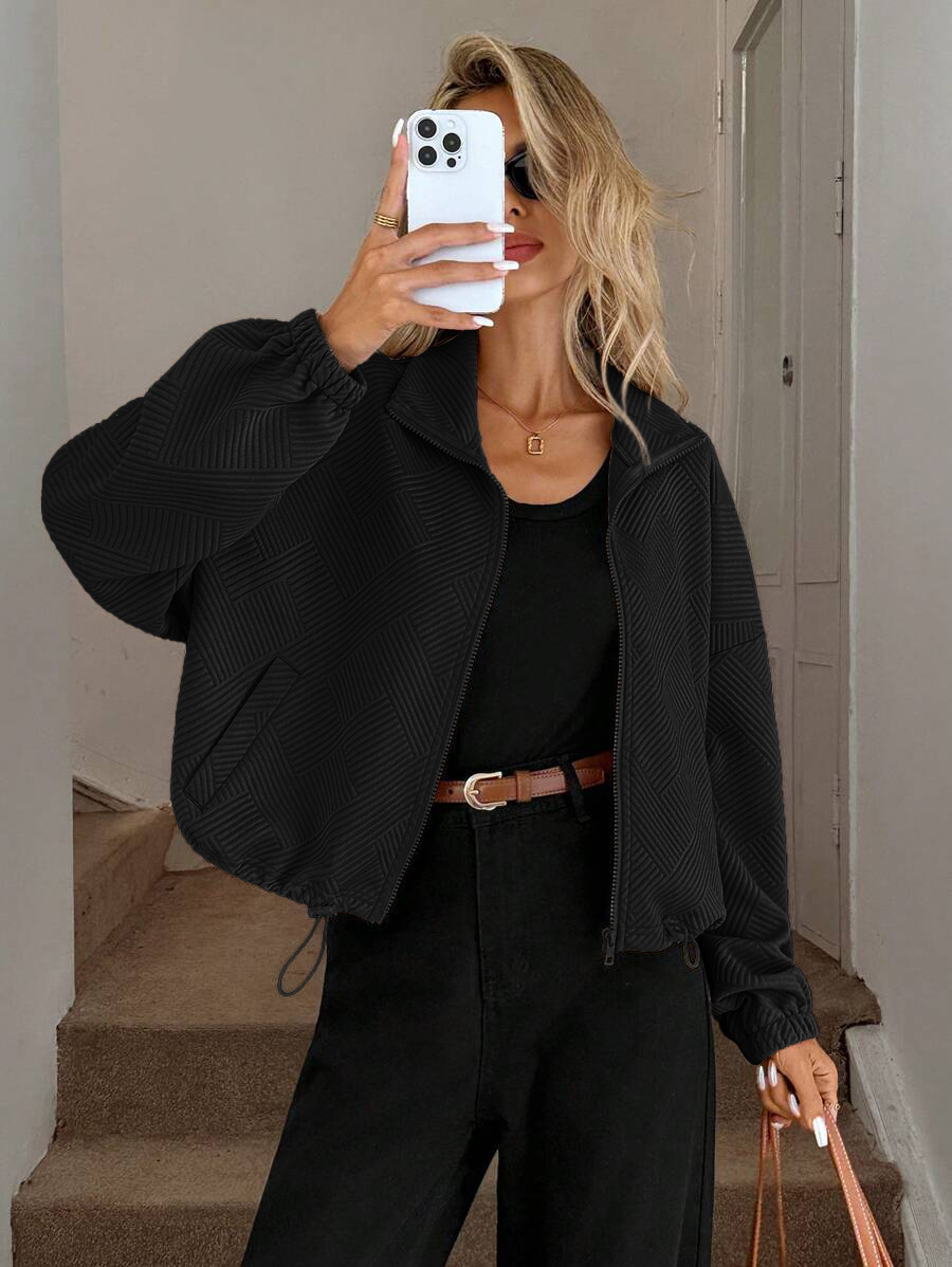 Size reference – oversized zip-up jacket fit on model, full length view