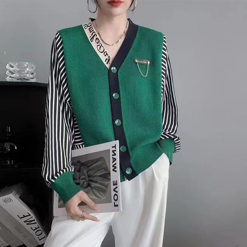 Striped contrasting coat women's autumn outfit