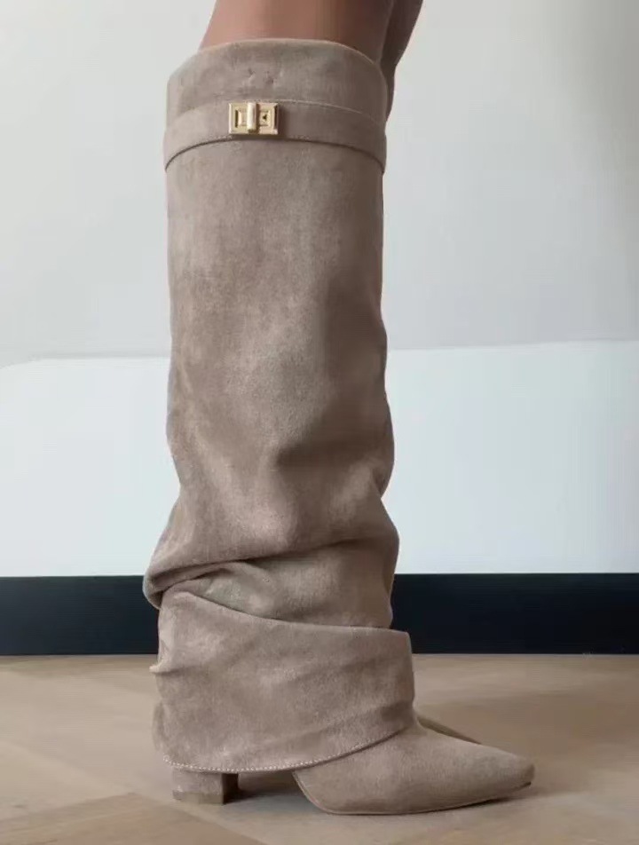 Beige slouchy boots – close-up of ruched pleated faux suede shaft and gold metal hardware cuff detail