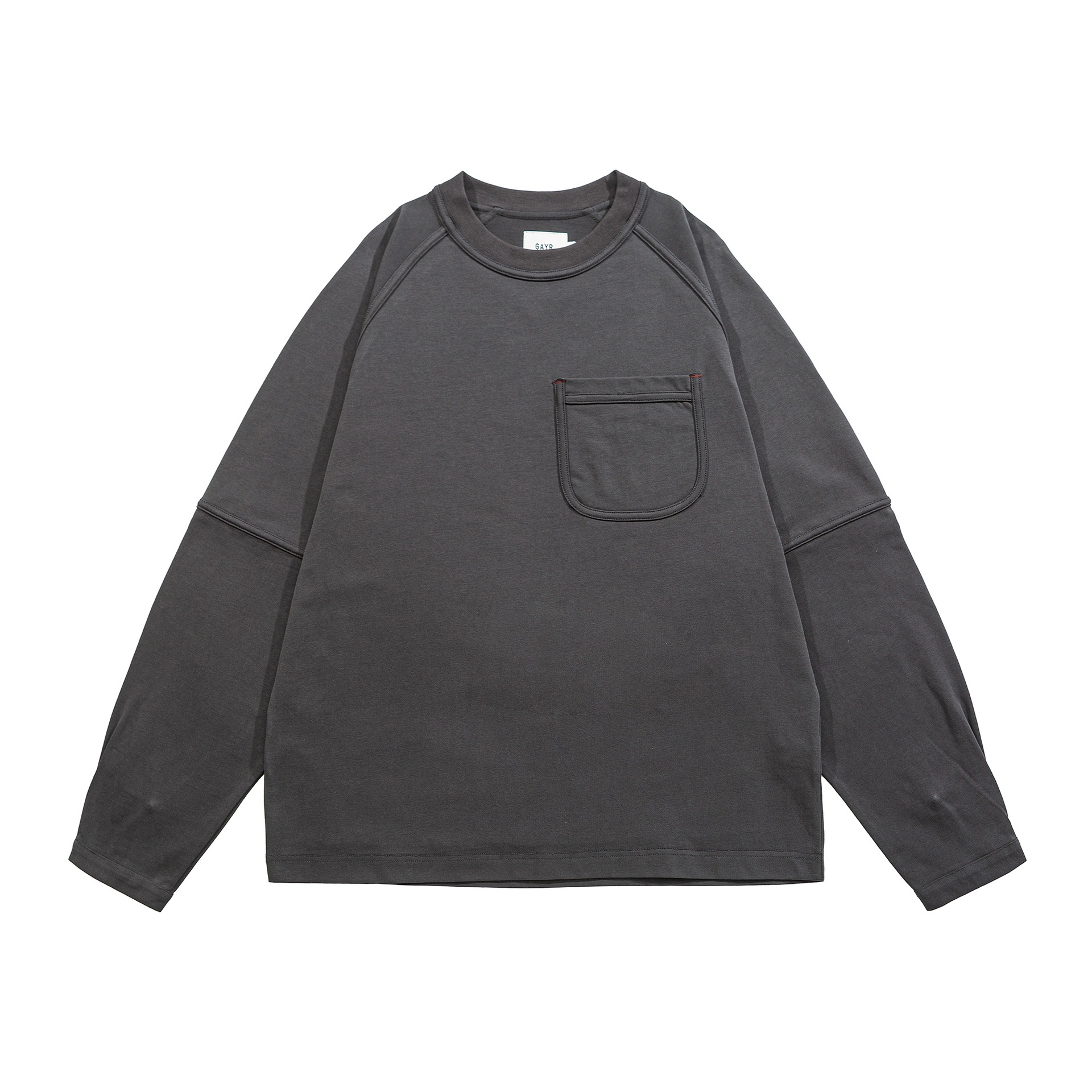 Deconstructed Patch Pocket Loose Solid Color Round Neck Long Sleeve T-Shirt