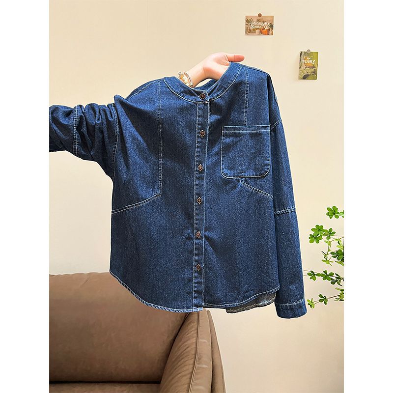 Solid Color Loose Oversized Slimming Round Neck Lightweight Jacket Long Sleeve Women's Denim Shirt