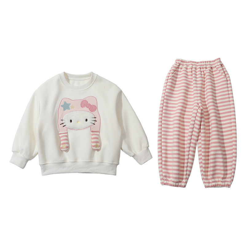 Cute Cat Print Sweatshirt Set for Girls Stripe Outfit Casual Two-Piece Set