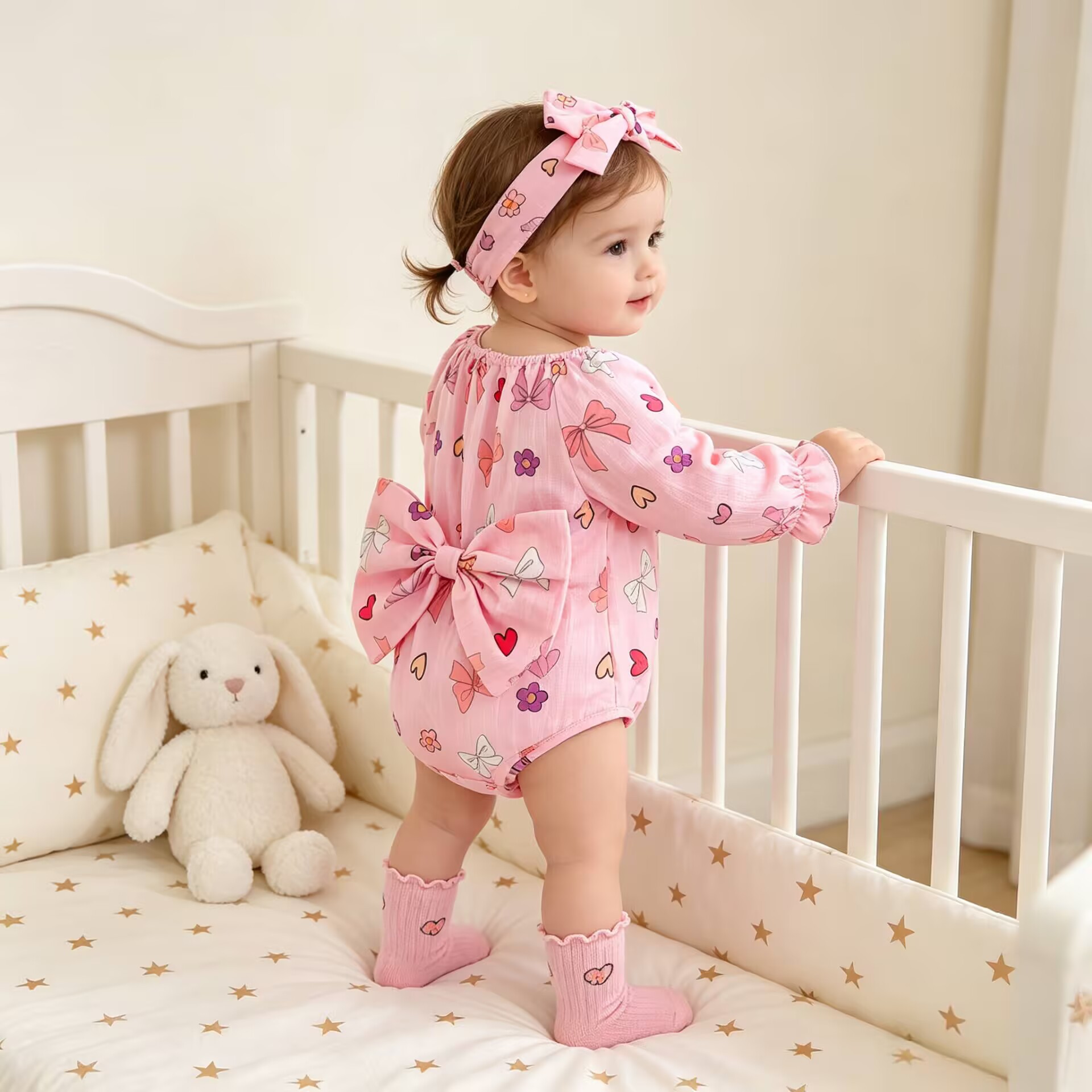 Girls' Off-Shoulder Long Sleeve Bodysuit with Heart Print and Large Bow, Princess Style Infant
