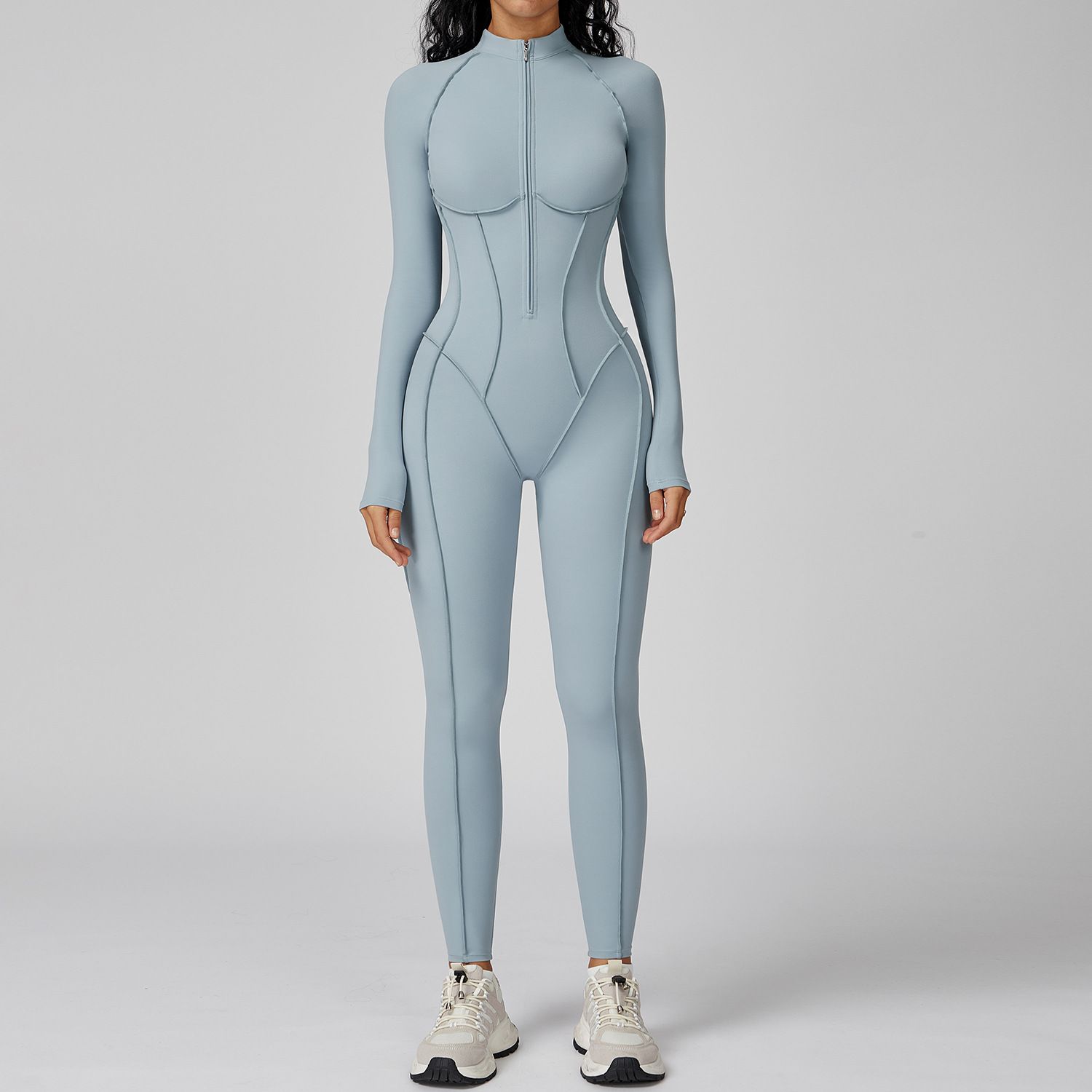 Fashion Color-Blocking Stand Collar One-Piece Suit Half-Zipper Integrated Fitness Wear Women High-Intensity Workout Yoga Clothes 2