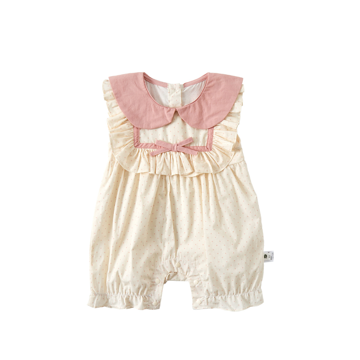 Polka Dot Color-blocked Vest Romper, Baby Girl Lightweight Peter Pan Collar Cotton Romper