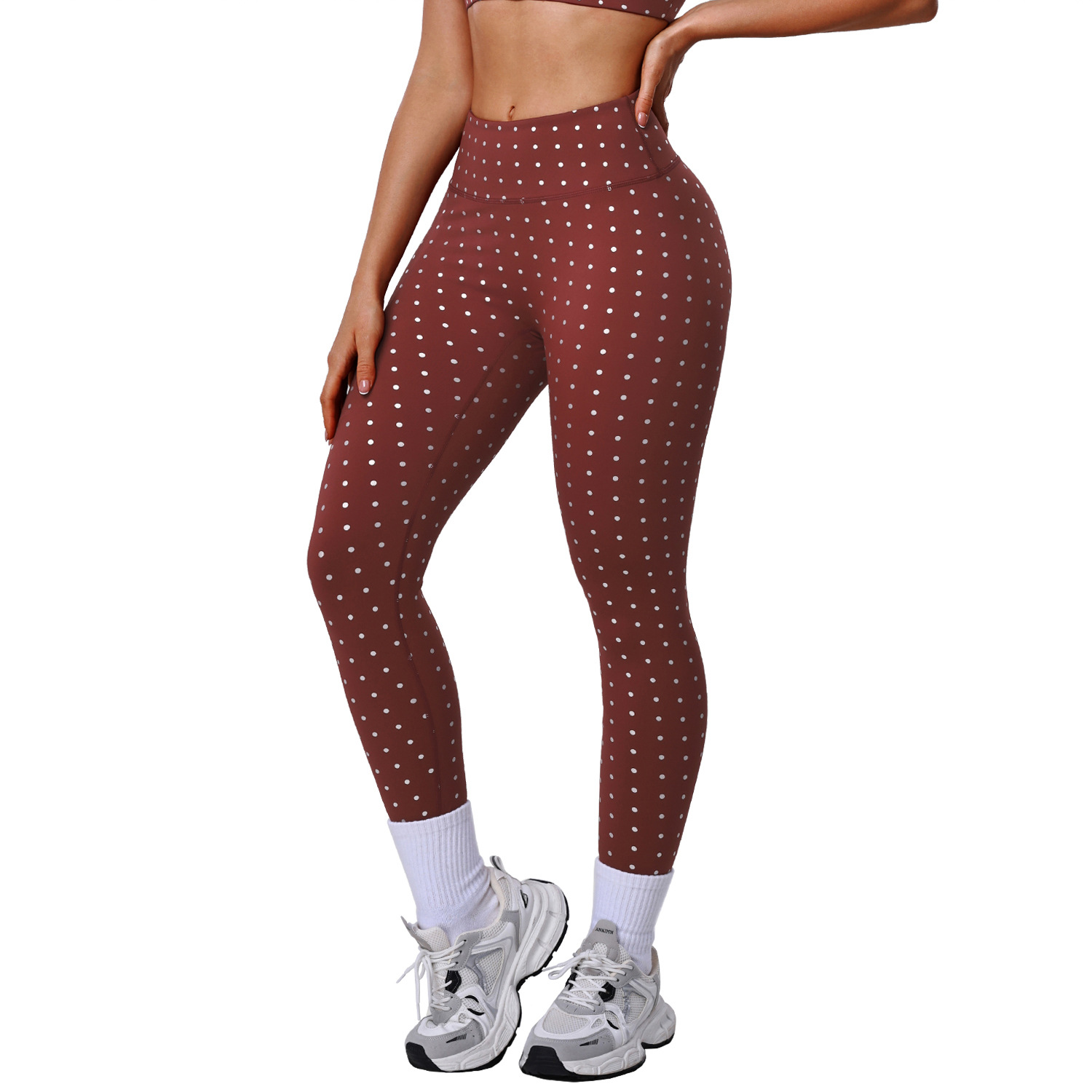 High Waist Elastic Silver Dot Yoga Pants for Women, Butt-Lifting Fitted Leggings, Outdoor Running
