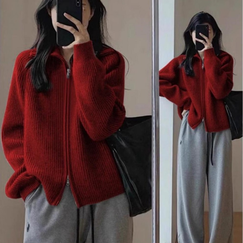 Double zipper stand up collar sweater jacket for women