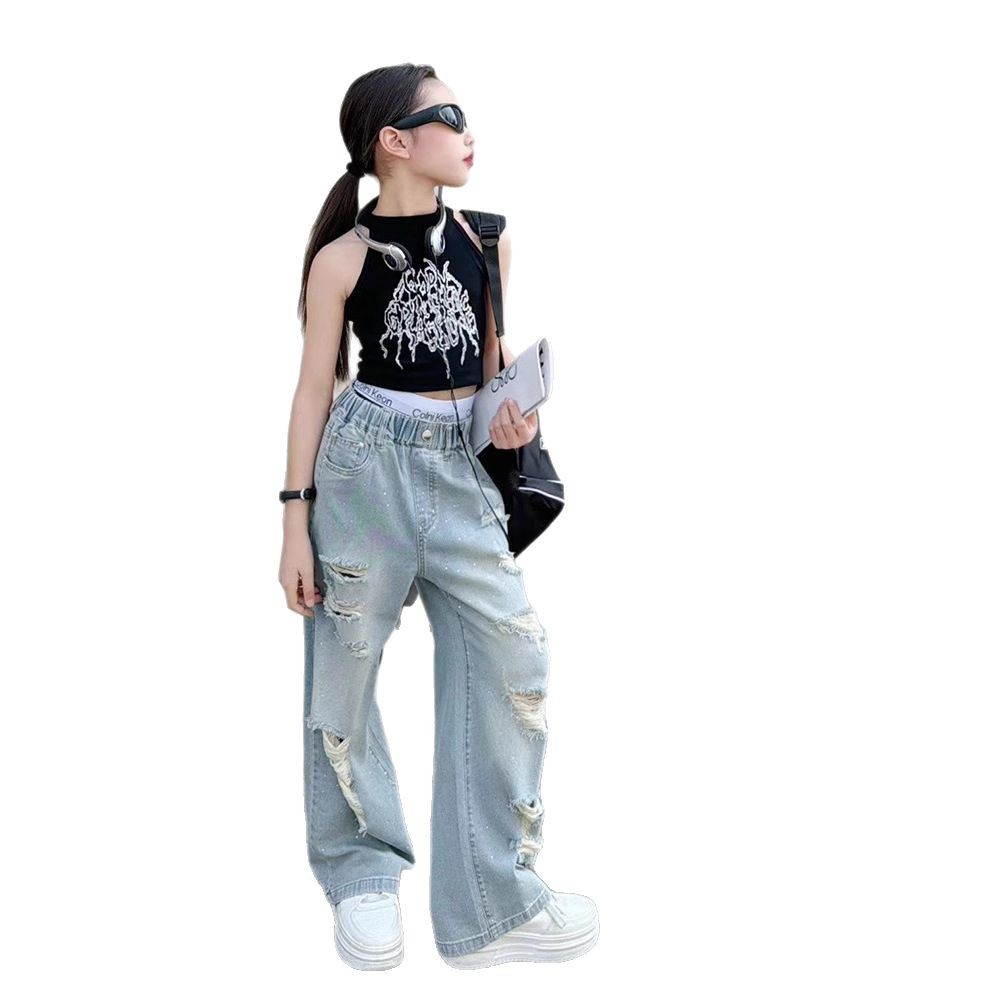 Girls' Denim Pants Lightweight Ripped Wide Leg Pants Straight Leg Style