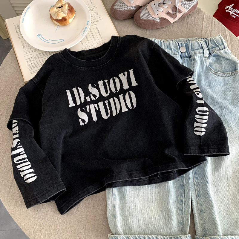 Letter printed baby girl's loose fitting fake two-piece hoodie
