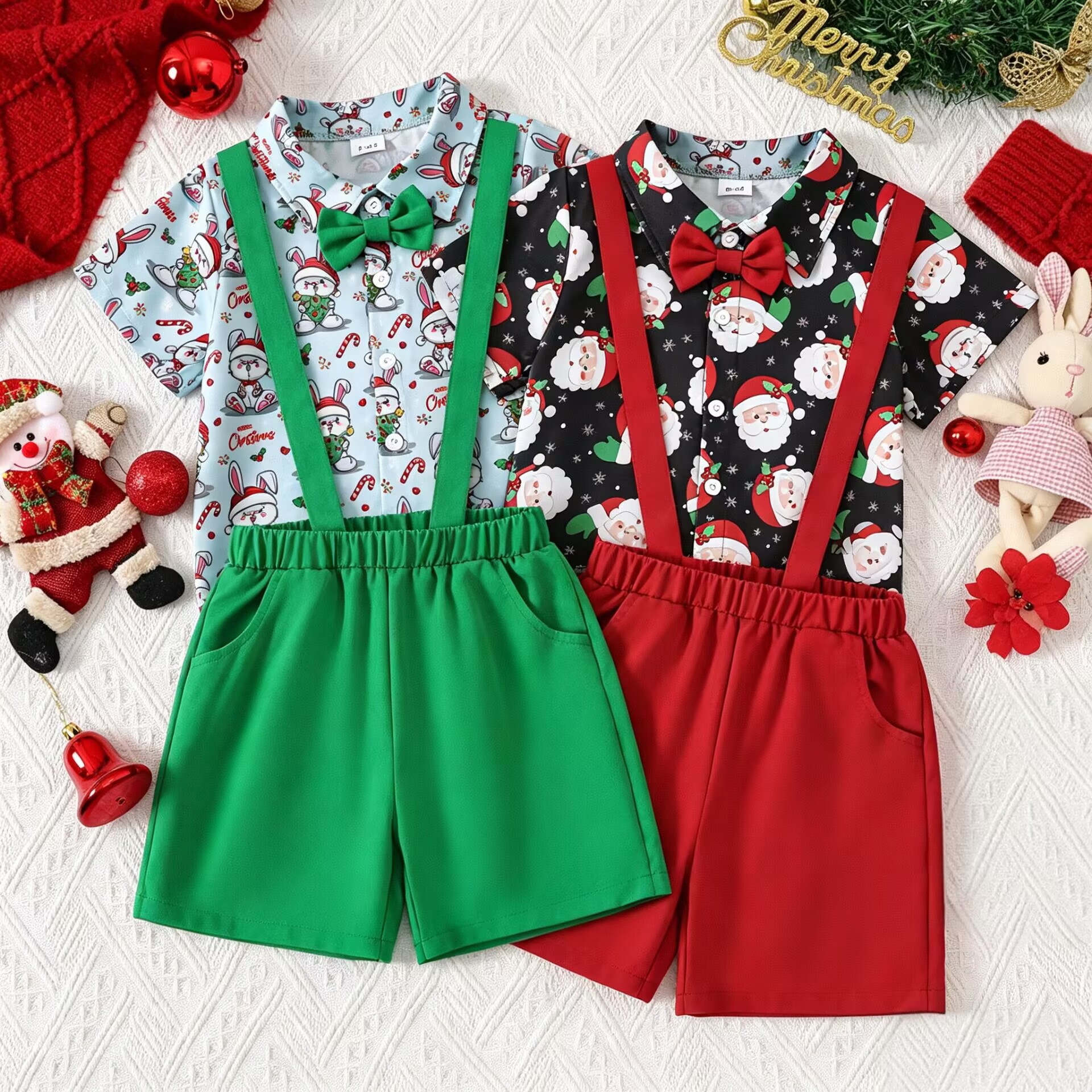 Boy's Summer Infant and Toddler Christmas All-Over Print Short Sleeve Shirt and Bib Shorts Two-Piece