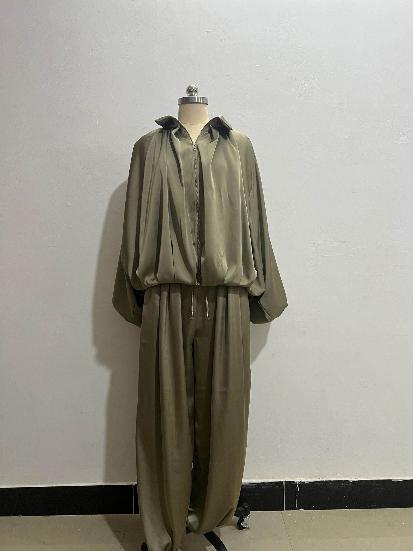 Flip collar long sleeve jacket and pants two-piece set in matcha green – full outfit front view