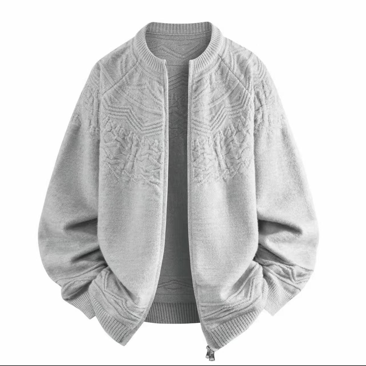 Men's Gray Embossed Jacquard Knit Cardigan, Loose Retro Casual Sweater Jacket