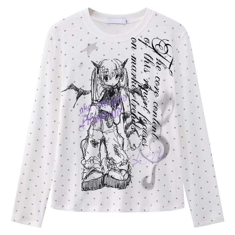 Round neck long sleeved shirt with devil girl line pattern
