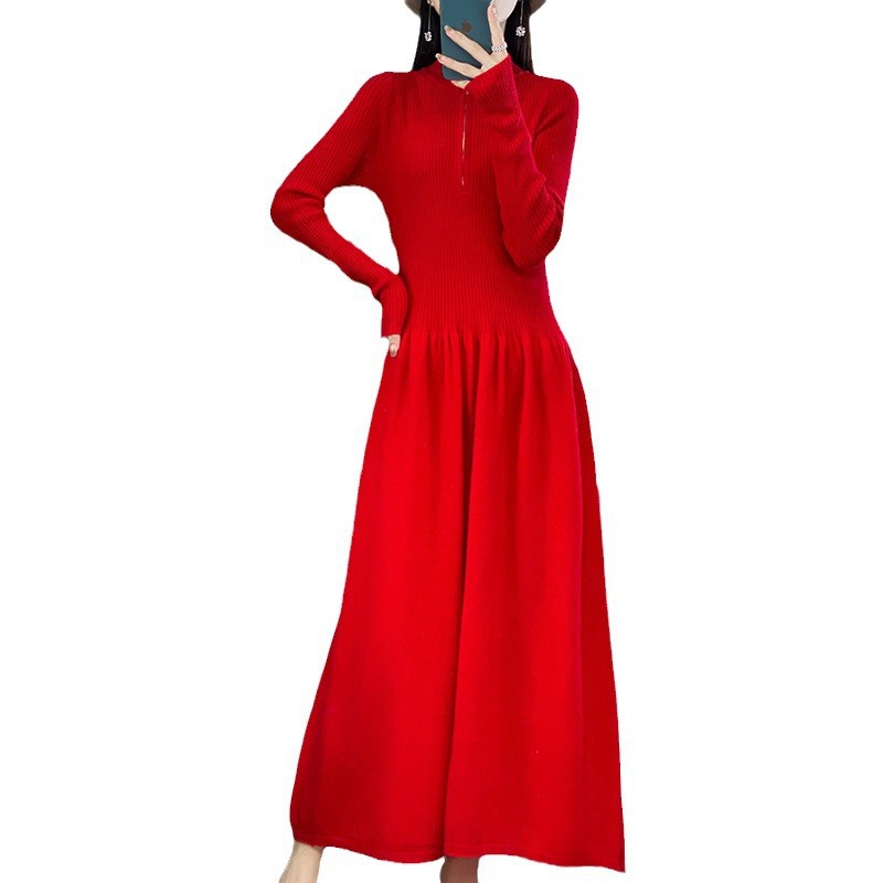 Women's Apricot Knit Long Sleeve Semi-Turtleneck Knee-Length Sweater Dress