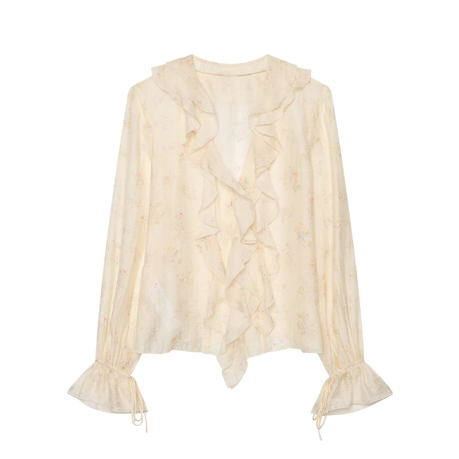 Casual printed ruffle trimmed V-neck shirt