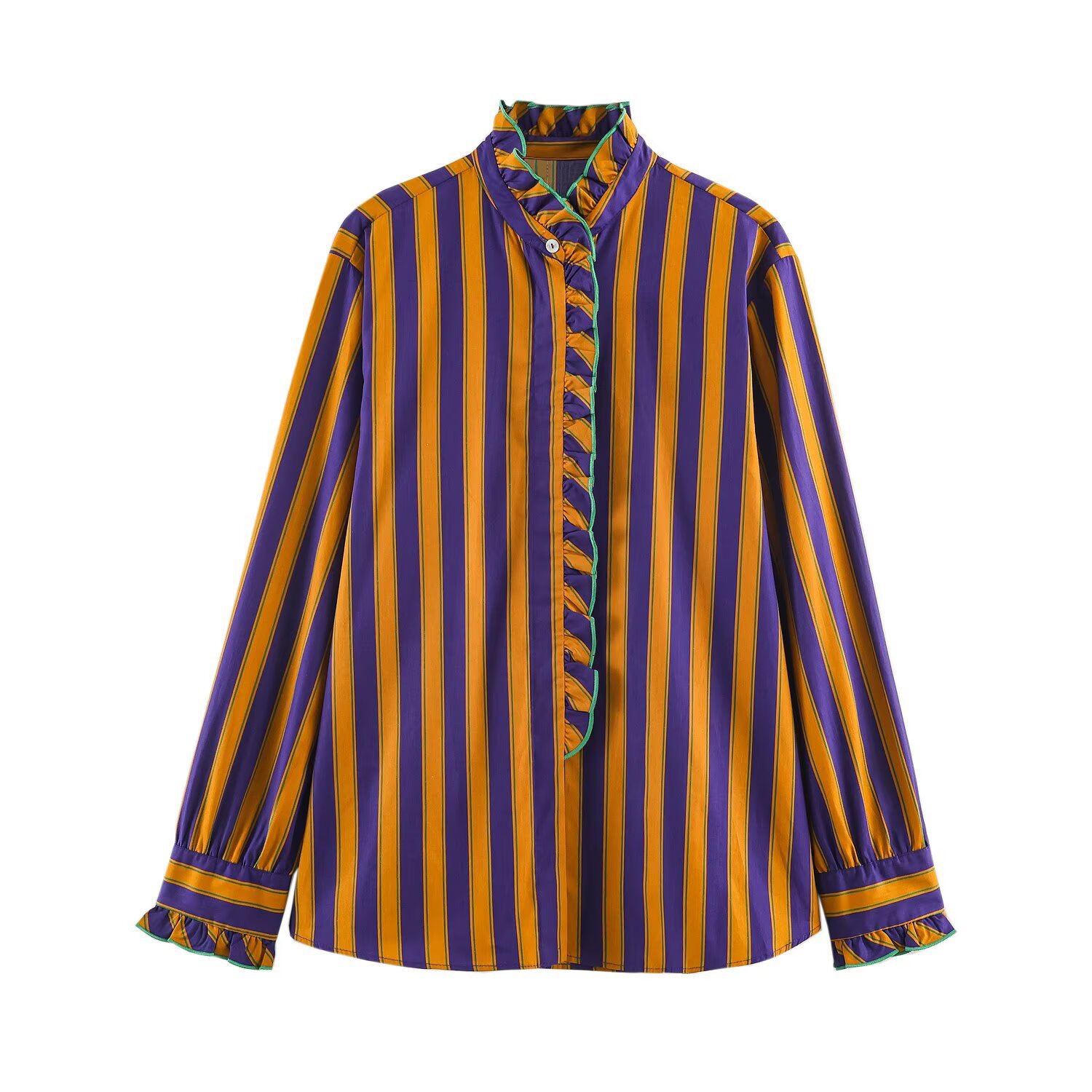 Stacked decorative breasted stand up collar striped shirt for women