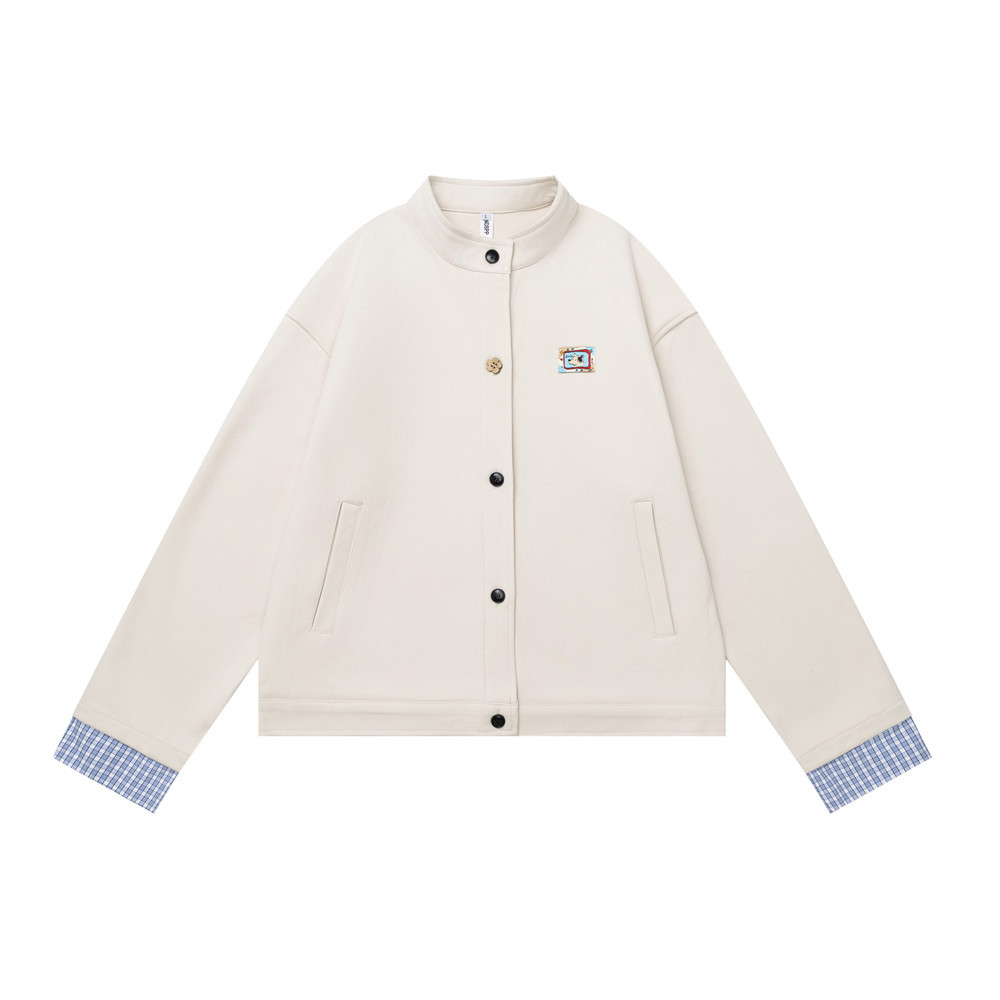 Fake two piece checkered patchwork stand up collar short jacket