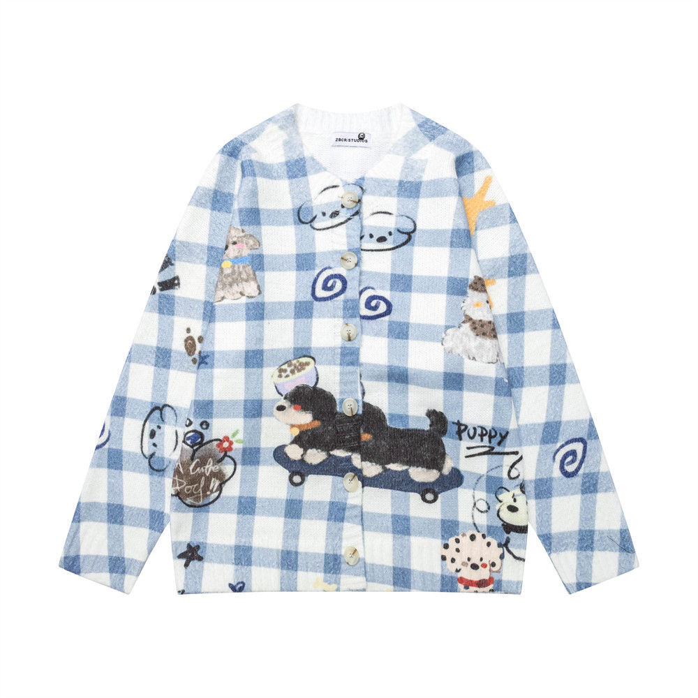 Cartoon checkered round neck long sleeved knitted fabric