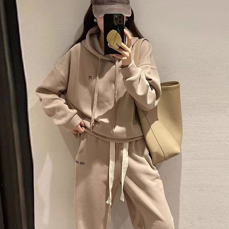 Fashionable Women's Hoodie Set with Letter Embroidery and Casual Cuffed Pants, Two-Piece Outfit