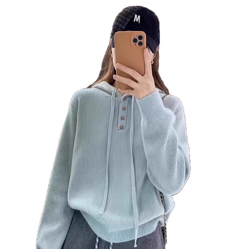 Women's Long Sleeve Zippered Hooded Knit Sweater Loose Fit Casual Top