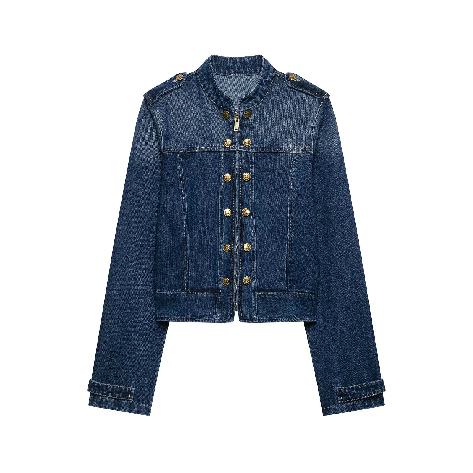 Double row button decoration stand collar denim jacket for women