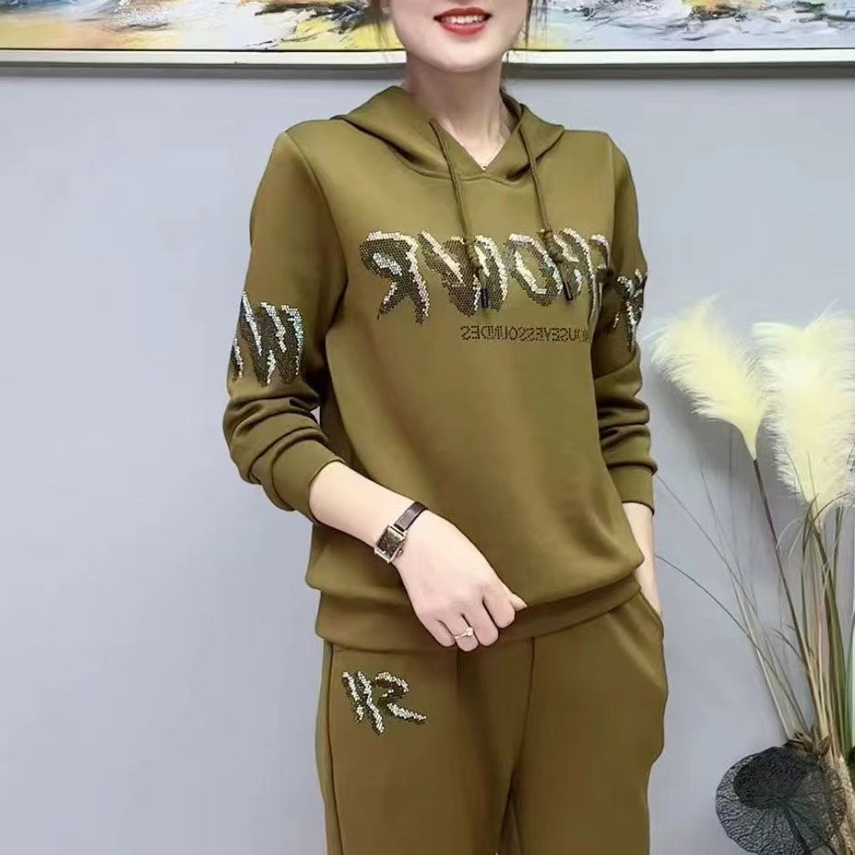 Stylish Rhinestone Embellished Loose Hooded Tracksuit Set for Women, Plus Size, Autumn and Spring