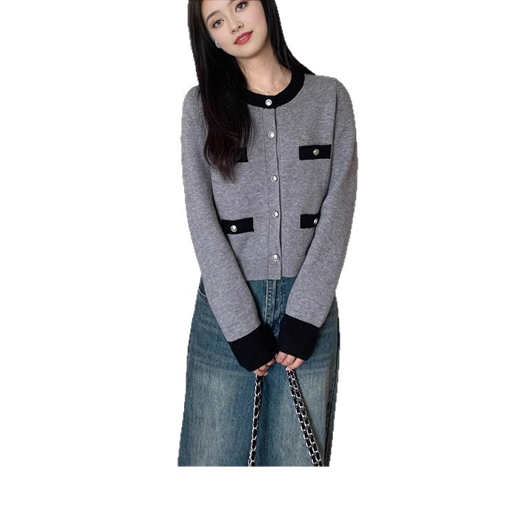 Women's Knitted Cardigan, Grey Cropped Sweater Jacket