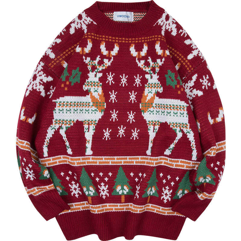 Men's Style Red Christmas Pullover Sweater Long Sleeve Crew Neck Knitwear Top